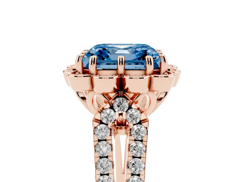 Asscher Cut Floral Halo Engagement Ring Setting for a Fancy Blue Lab-Grown Diamond | Pavé Split Shank | Rose Gold
