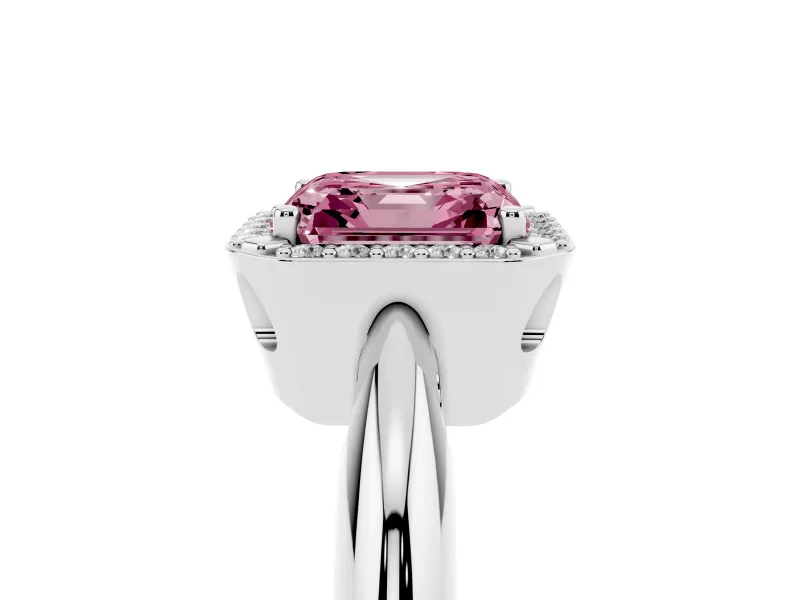 Fancy Pink Asscher Cut Diamond Halo Engagement Ring Set in Silver with Plain Split Shank and Prong Setting