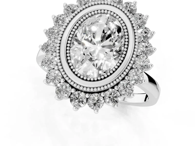 Oval Vintage Milgrain Bezel Halo Engagement Ring Setting | Sunburst Halo | White Gold