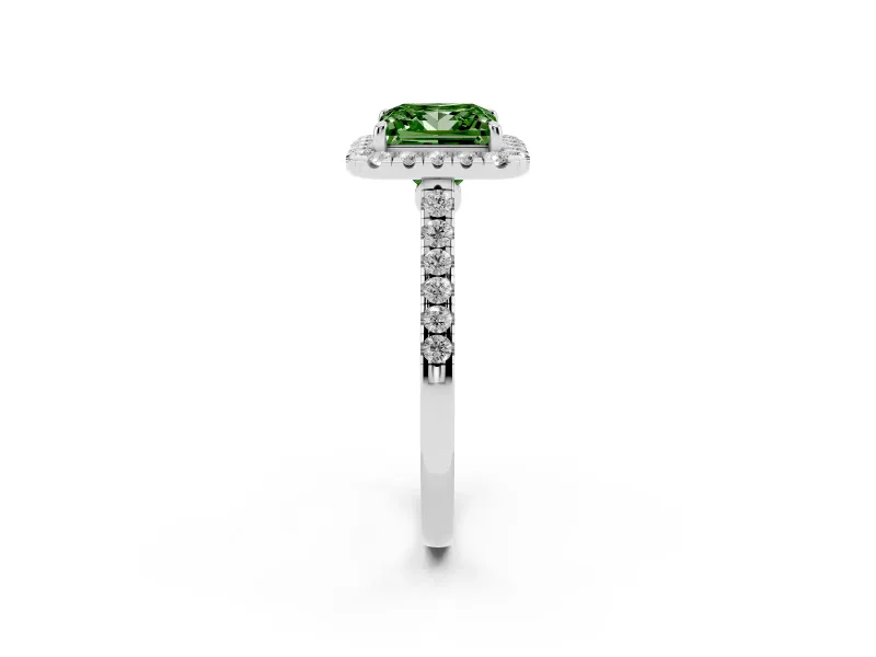 Princess Cut Halo Engagement Ring Setting for a Fancy Green Lab-Grown Diamond | Pave Shoulders | Platinum