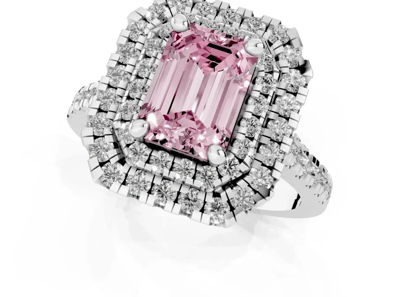 Fancy Pink Emerald Cut Diamond Double Halo Statement Ring Set in White gold with Pavé Band