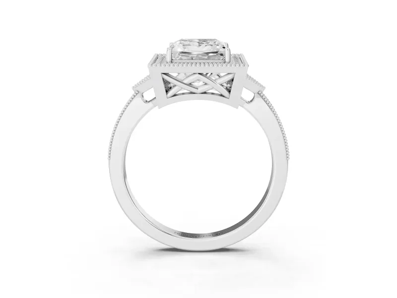 Princess Cut Diamond Halo Engagement Ring Set in White gold with Milgrain Pavé Band