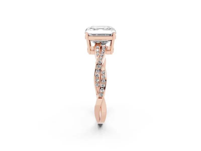 Asscher Cut Diamond Solitaire Twisted Pavé Ring Set in Rose gold with Prong Setting
