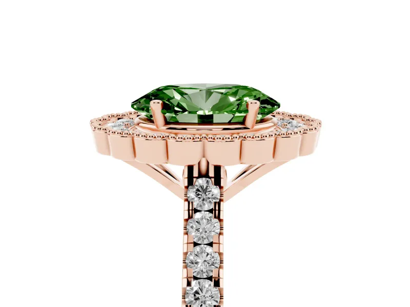 Fancy Green Oval Cut Diamond Milgrain Floral Halo Engagement Ring Set in Rose gold with Pavé Band