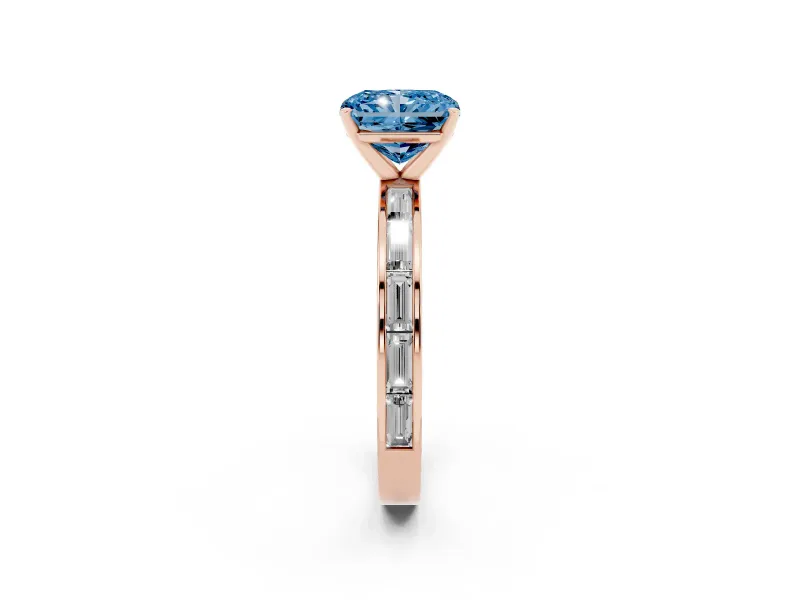 Fancy Blue Radiant Cut Diamond Solitaire Ring Set in Rose gold with Channel-Set Baguette Band and Prong Setting