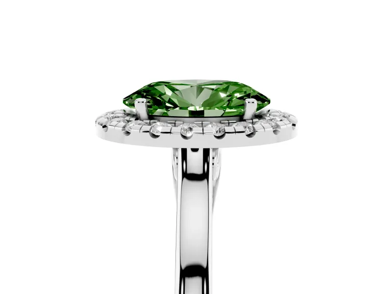 Fancy Green Oval Cut Halo Round Diamond Solitaire Ring Set in White gold with Pavé Band and Prong Setting
