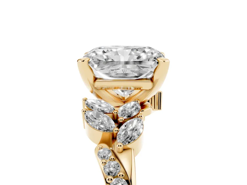 Radiant Cut Floral Engagement Ring Setting | Marquise Side Stones | Yellow Gold