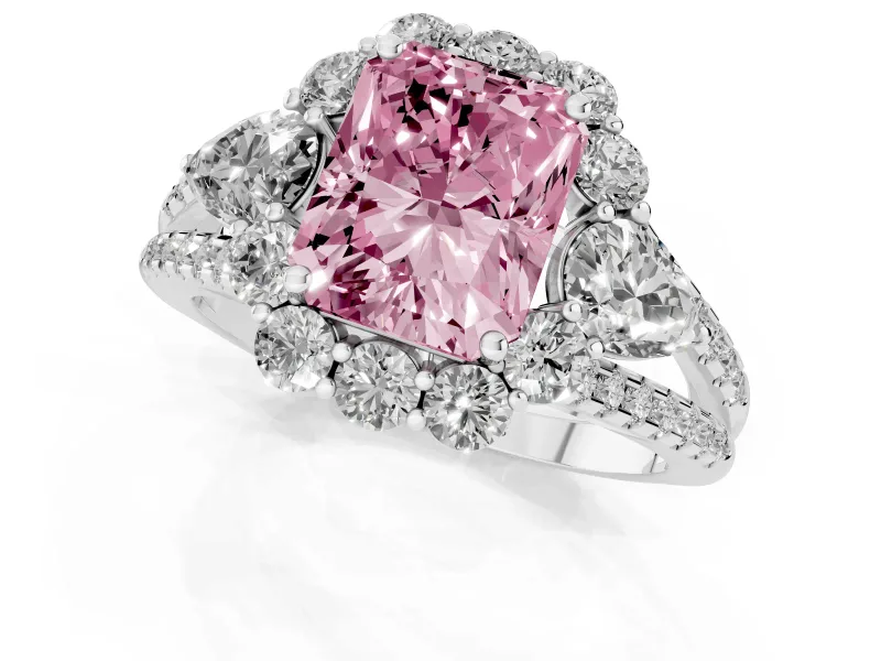 Radiant Cut Scalloped Halo Engagement Ring Setting for a Fancy Pink Lab-Grown Diamond | Pear Side Stones | White Gold