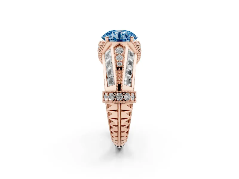 Fancy Blue Round Cut Diamond Vintage-Inspired Milgrain Ring Set in Rose gold with Accent Split Shank