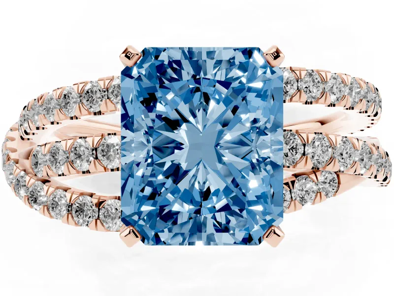 Fancy Blue Radiant Cut Diamond Solitaire Twist Band Ring Set in Rose gold with Pavé Setting and Prong Head