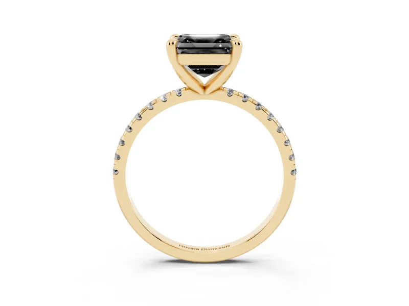 Fancy Black Asscher Cut Diamond Brilliant Solitaire Ring Set in Yellow gold with Pavé Band and Prong Setting