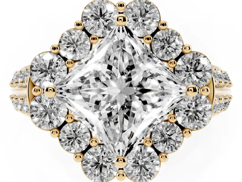 Princess Cut Large Accent Halo Engagement Ring Setting | Graduated Pavé | Yellow Gold