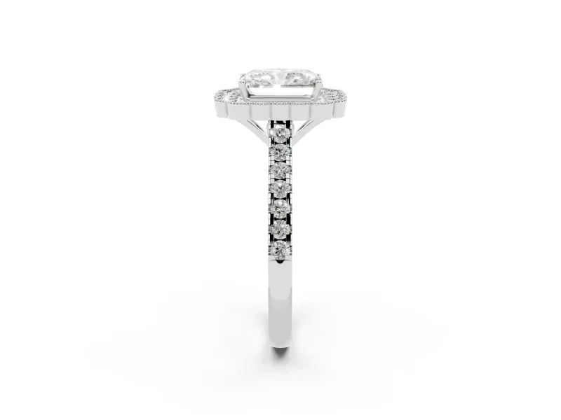 Radiant Cut Diamond Milgrain Floral Halo Engagement Ring Set in Platinum with Pavé Band