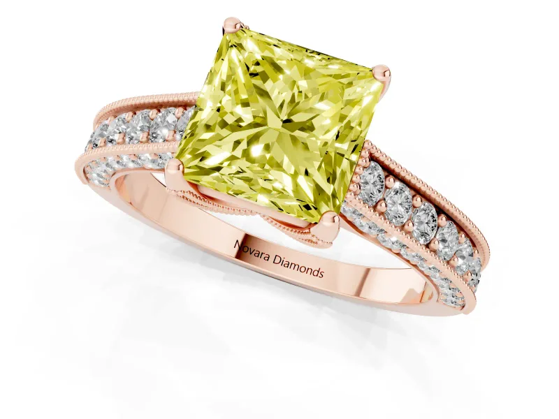 Princess Cut Hidden Halo Engagement Ring Setting for a Fancy Yellow Lab-Grown Diamond | Milgrain Pave | Rose Gold