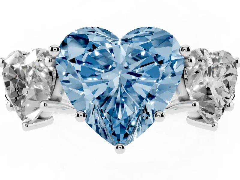 Fancy Blue Heart Cut Diamond Three-Stone Ring Set in Platinum with Pavé Band