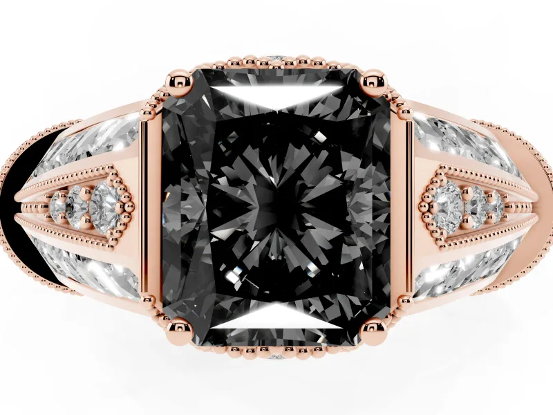 Radiant Cut Vintage Milgrain Engagement Ring Setting for a Black Center | Hidden Halo | Rose Gold