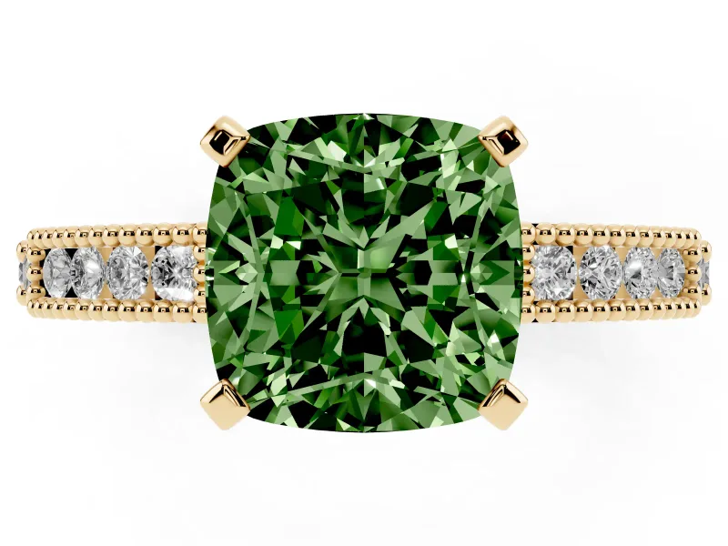 Cushion Cut Vintage Pavé Engagement Ring Setting for a Fancy Green Lab-Grown Diamond | Yellow Gold