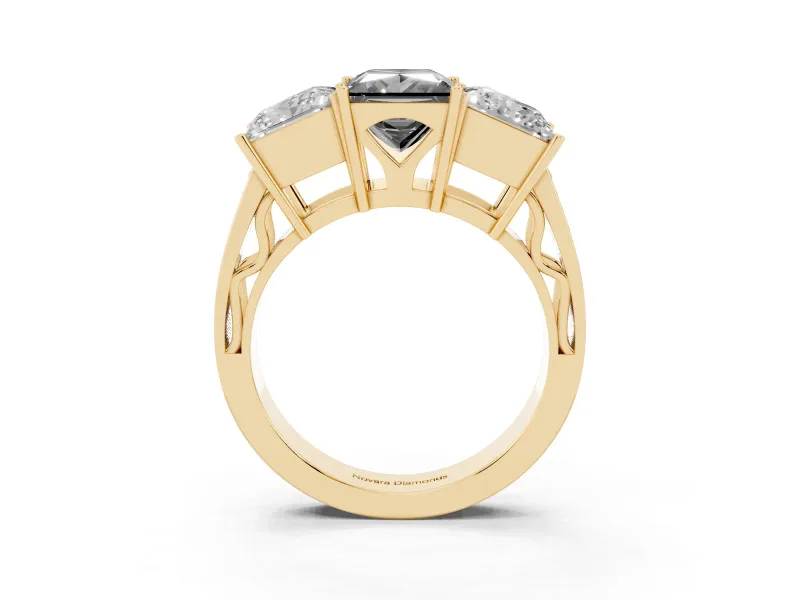 Princess Cut Three Stone Engagement Ring Setting for a Black Center | Beaded Shoulders | Yellow Gold