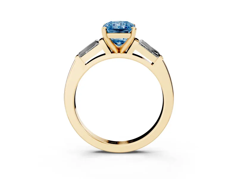 Radiant Cut Three Stone Engagement Ring Setting for a Fancy Blue Lab-Grown Diamond | Tapered Baguettes | Yellow Gold