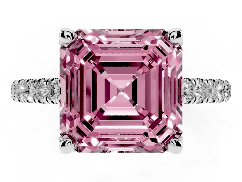 Asscher Cut Hidden Halo Pave Engagement Ring Setting for a Fancy Pink Lab-Grown Diamond | Claw Prongs | Sterling Silver