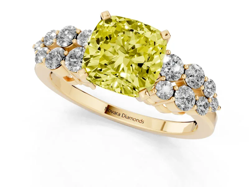 Cushion Cut Side Stone Engagement Ring Setting for a Fancy Yellow Lab-Grown Diamond | Shoulder Clusters | Yellow Gold