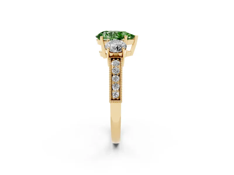Pear-Shaped Three Stone Engagement Ring Setting for a Fancy Green Lab-Grown Diamond | Graduated Pave Band | Yellow Gold