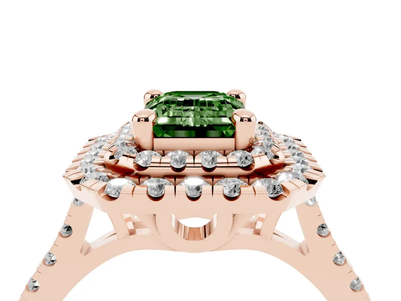 Emerald Cut Double Halo Engagement Ring Setting for a Fancy Green Lab-Grown Diamond | Pave Shoulders | Rose Gold