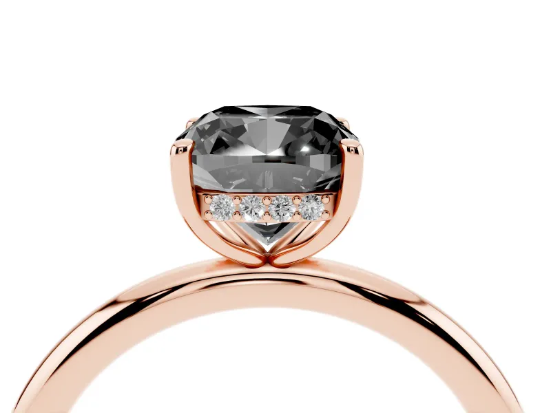 Fancy Black Cushion Cut Diamond Solitaire Ring Set in Rose gold with Thin Band and Prong Setting