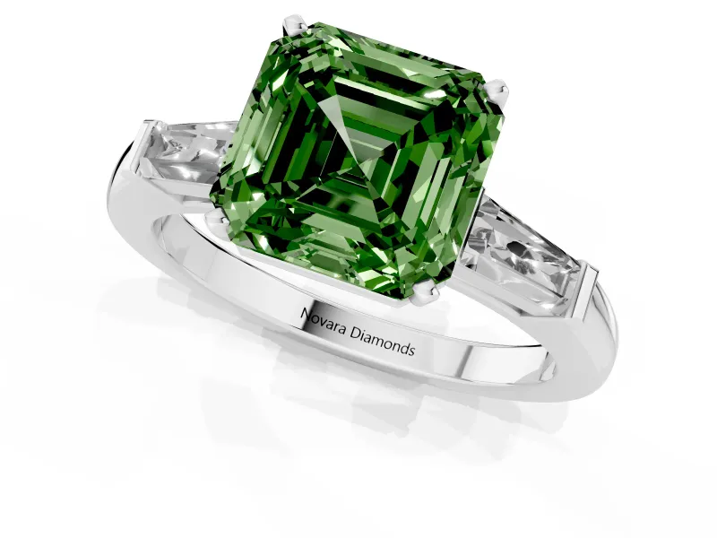 Fancy Green Asscher Cut Diamond Solitaire Ring Set in Platinum with Tapered Baguette Side Stones and Prong Setting