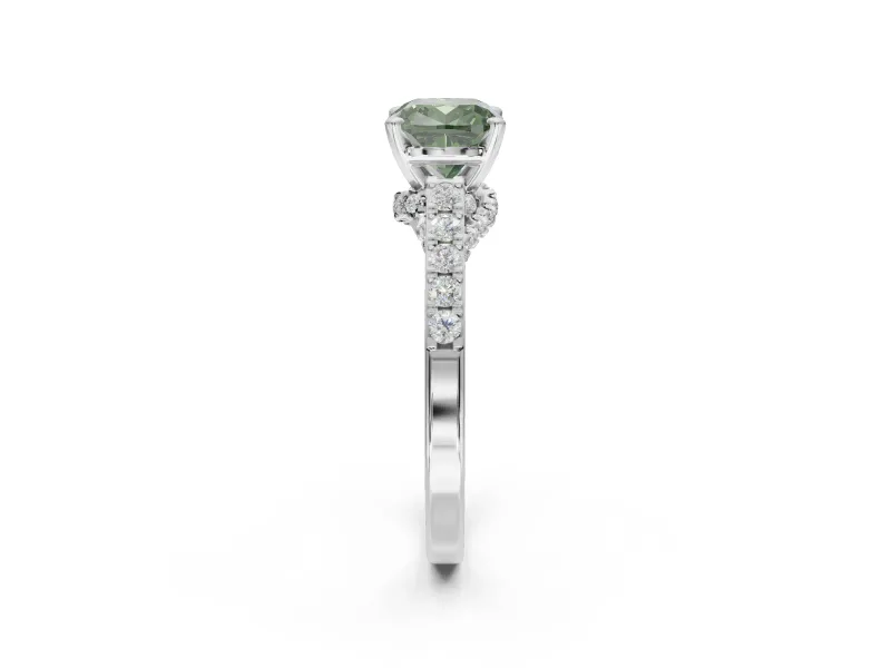 Cushion Cut Pavé Engagement Ring Setting for a Fancy Green Lab-Grown Diamond | Crossover Gallery | Sterling Silver