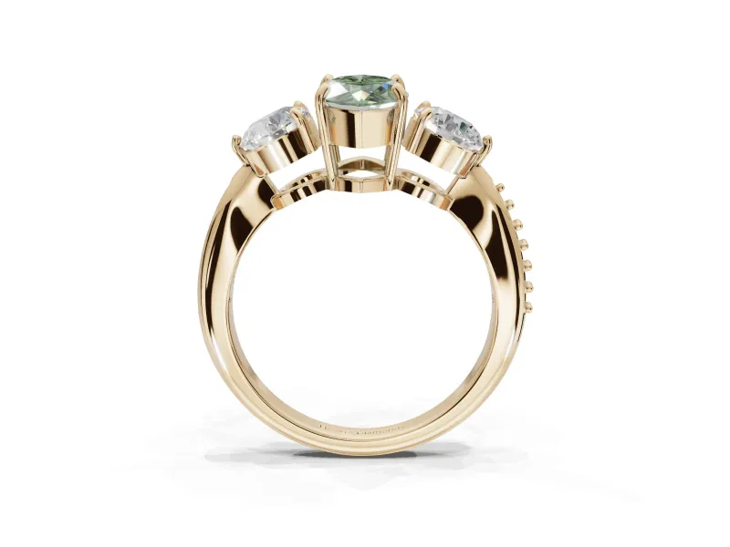 Marquise Three Stone Engagement Ring Setting for a Fancy Green Lab-Grown Diamond | Tapered Pave Band | Yellow Gold