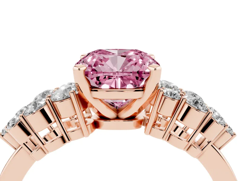 Fancy Pink Cushion Cut Diamond Cluster Engagement Ring Set in Rose gold with Pavé Band and Prong Setting