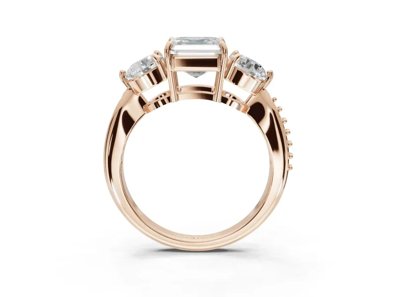 Asscher Cut Three Stone Engagement Ring Setting | Tapered Pave Band | Rose Gold