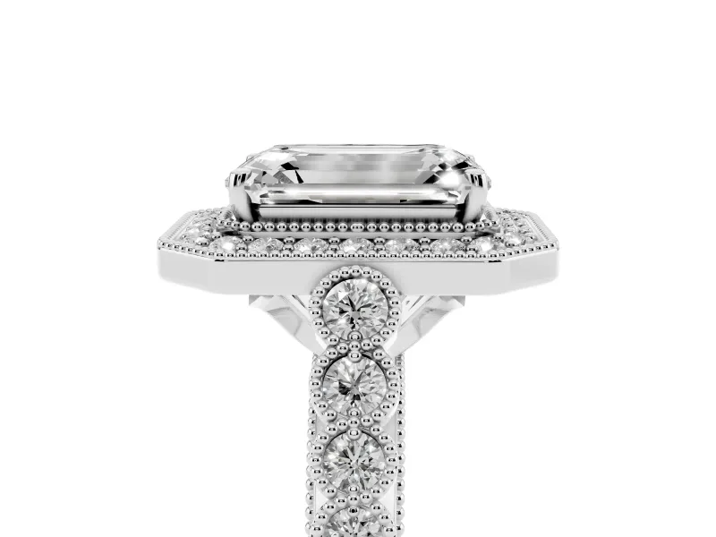 Emerald Cut Milgrain Halo Engagement Ring Setting | Graduated Bezel Accents | Sterling Silver