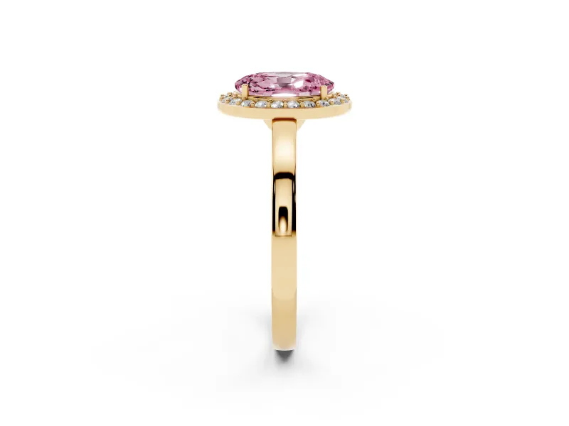 Fancy Pink Oval Cut Diamond Halo Ring Set in Yellow gold with Solitaire Band and Prong Setting
