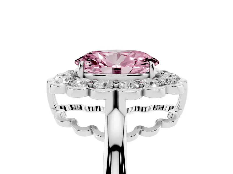 Oval Scalloped Cluster Halo Engagement Ring Setting for a Fancy Pink Lab-Grown Diamond | Plain Band | Platinum