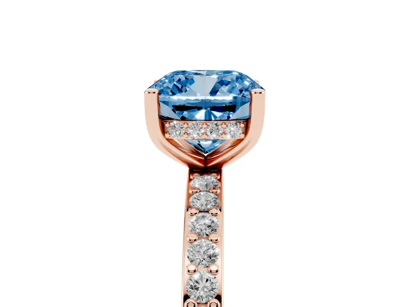 Fancy Blue Cushion Cut Diamond Pavé Band Ring Set in Rose gold with Prong-Set Center Stone