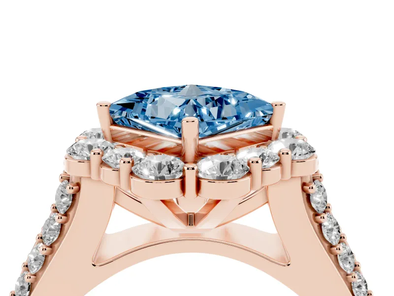 Fancy Blue Princess Cut Diamond Halo Engagement Ring Set in Rose gold with Split Shank and Prong Setting