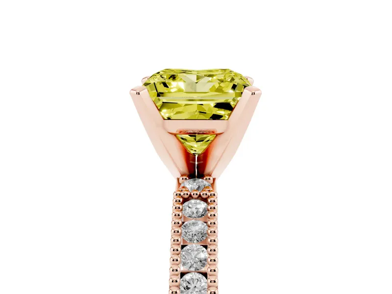 Fancy Yellow Princess Cut Diamond Solitaire Ring Set in Rose gold with Slim Pavé Band and Prong Setting