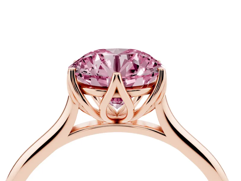 Fancy Pink Round Cut Diamond Solitaire Cathedral Ring Set in Rose gold with Prong Setting