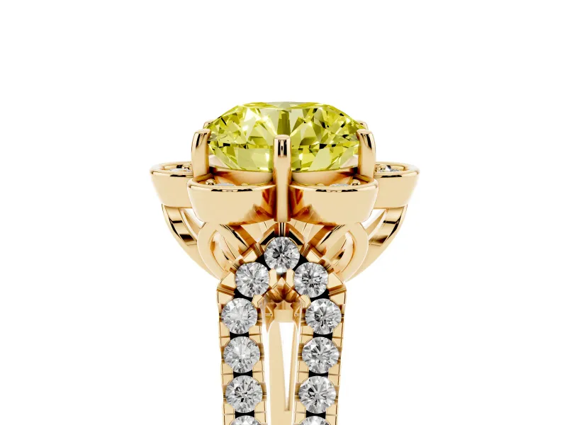 Round Floral Halo Engagement Ring Setting for a Fancy Yellow Lab-Grown Diamond | Pavé Split Shank | Yellow Gold