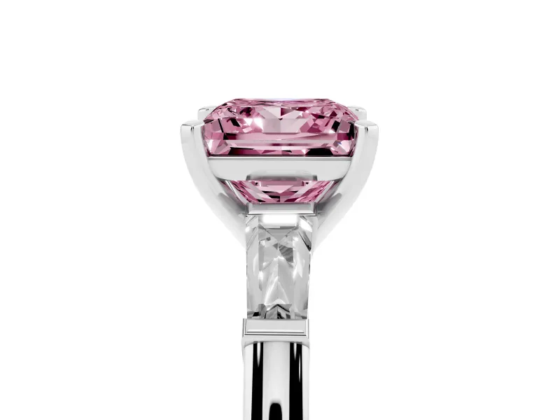 Fancy Pink Princess Cut Diamond Solitaire Ring Set in White gold with Tapered Baguette Side Stones and Prong Setting