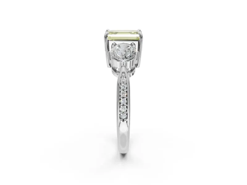 Emerald Cut Three Stone Engagement Ring Setting for a Fancy Yellow Lab-Grown Diamond | Tapered Pave Band | White Gold