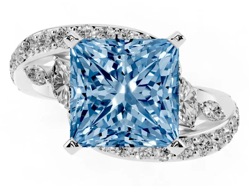 Fancy Blue Princess Cut Diamond Solitaire Ring Set in Silver with Pavé Twist Band and Secure Prong Setting