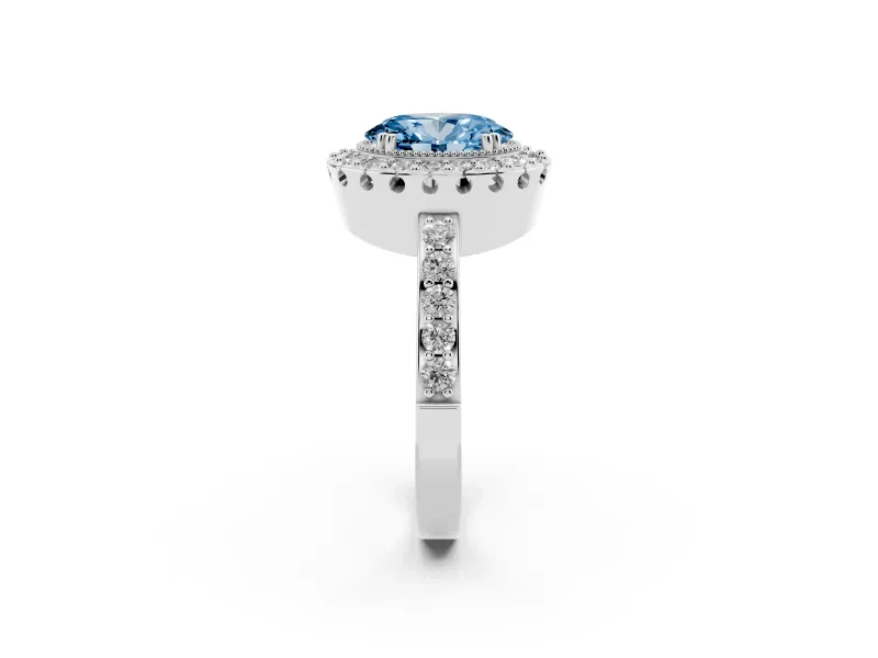 Fancy Blue Oval Cut Diamond Halo Ring Set in Platinum with Pavé Shank and Prong Setting