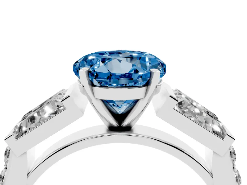 Fancy Blue Round Cut Diamond Engagement Ring Set in Silver with Baguette Side Stones and Channel Set Band