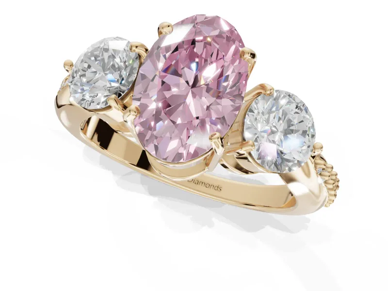 Oval Three Stone Engagement Ring Setting for a Fancy Pink Lab-Grown Diamond | Tapered Pave Band | Yellow Gold