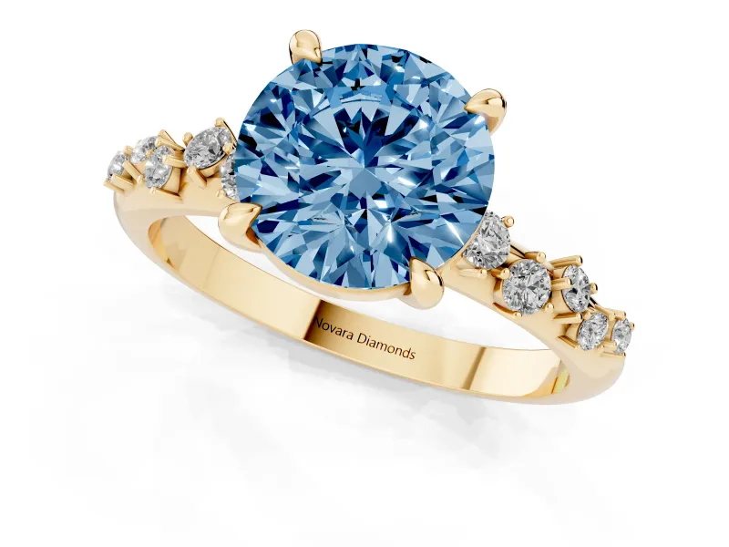 Fancy Blue Round Cut Diamond Solitaire Vine Band Ring Set in Yellow gold with Round Accents and Prong Setting