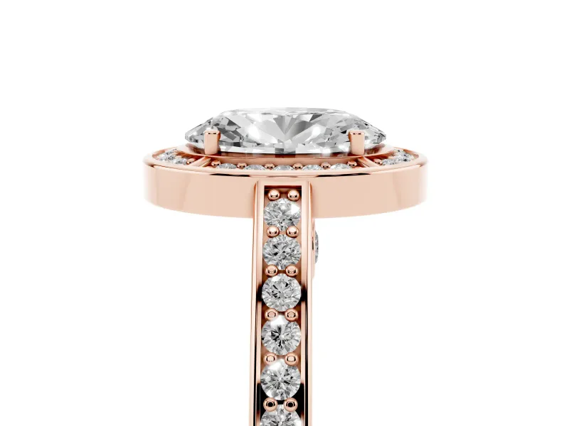 Oval Cut Diamond Halo Pavé Split Shank Ring Set in Rose gold with Prong Setting