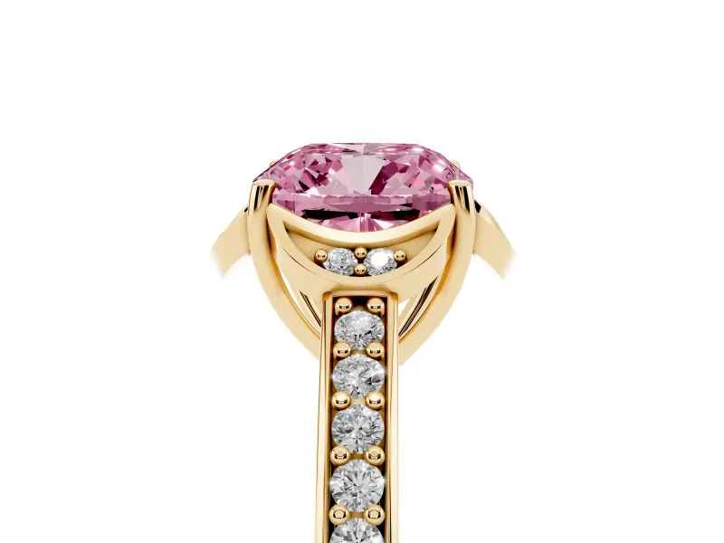 Cushion Cut Floral Pavé Engagement Ring Setting for a Fancy Pink Lab-Grown Diamond | Yellow Gold